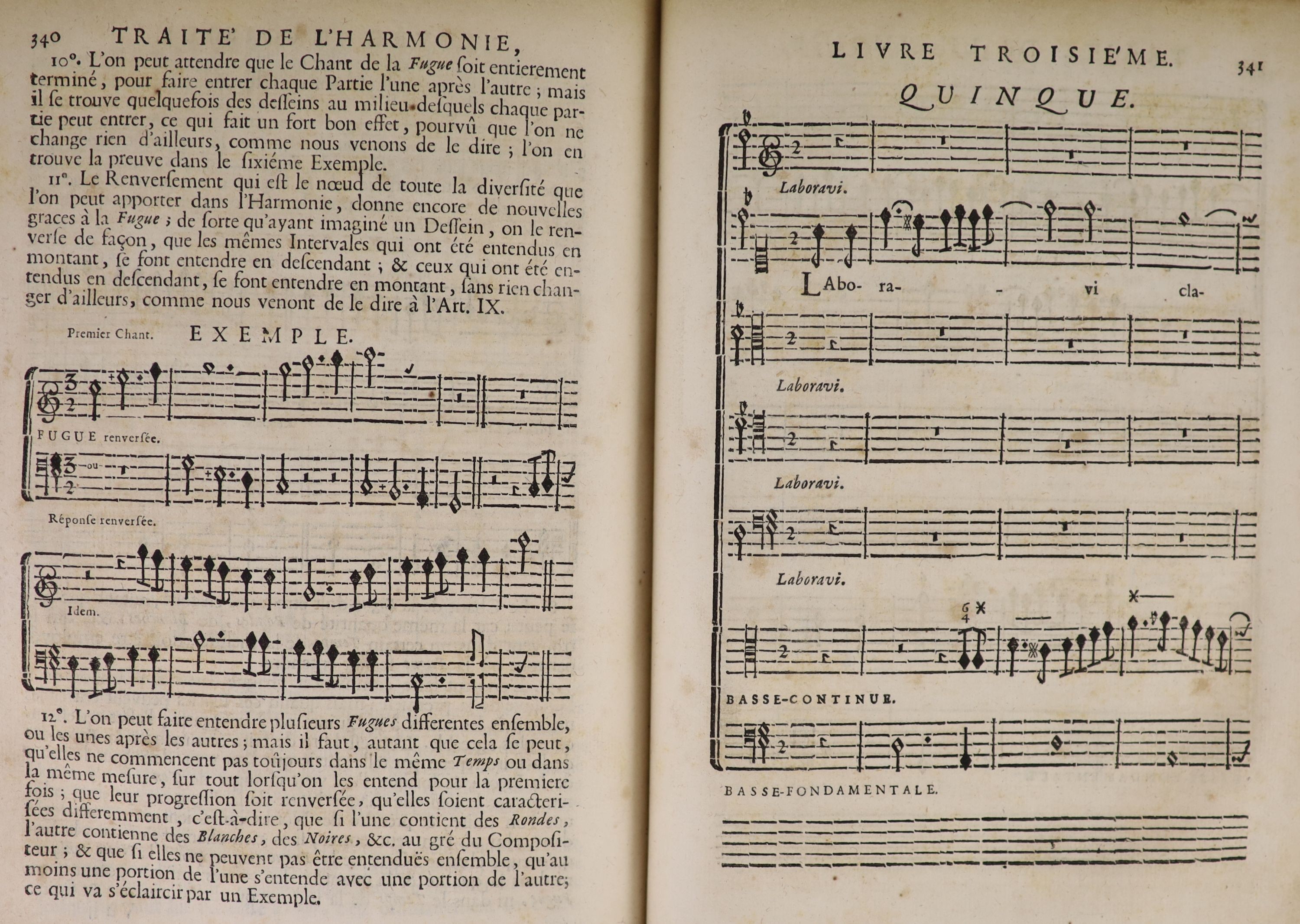 Rameau, John-Philippe - Traite de L’Harmonie Reduite a ses Principes Naturels; Divise en quatre livres… 1st edition 1st edition, complete with numerous examples of annotated music within the text. Old marbled calf, panel